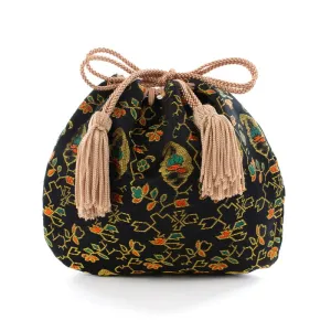 Nishijin-ori Small Drawstring Bag - Flower, Fruit, and Tree / Black -,  Made in Kyoto, Japan,  Japanese traditional craft purse