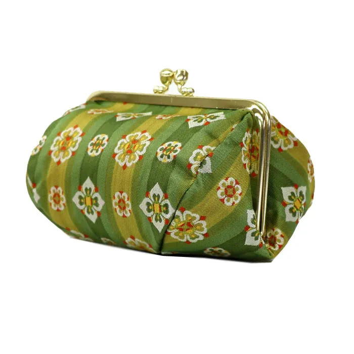 Nishijin-ori Small Pouch - Flower / Green -, Made in Kyoto, Japan, Cosmetic Pouch, Makeup Pouch, Japanese Gamaguchi Pouch, Travel Toiletry Pouch, Stationery Pouch, Bag organizer, Bag in Bag