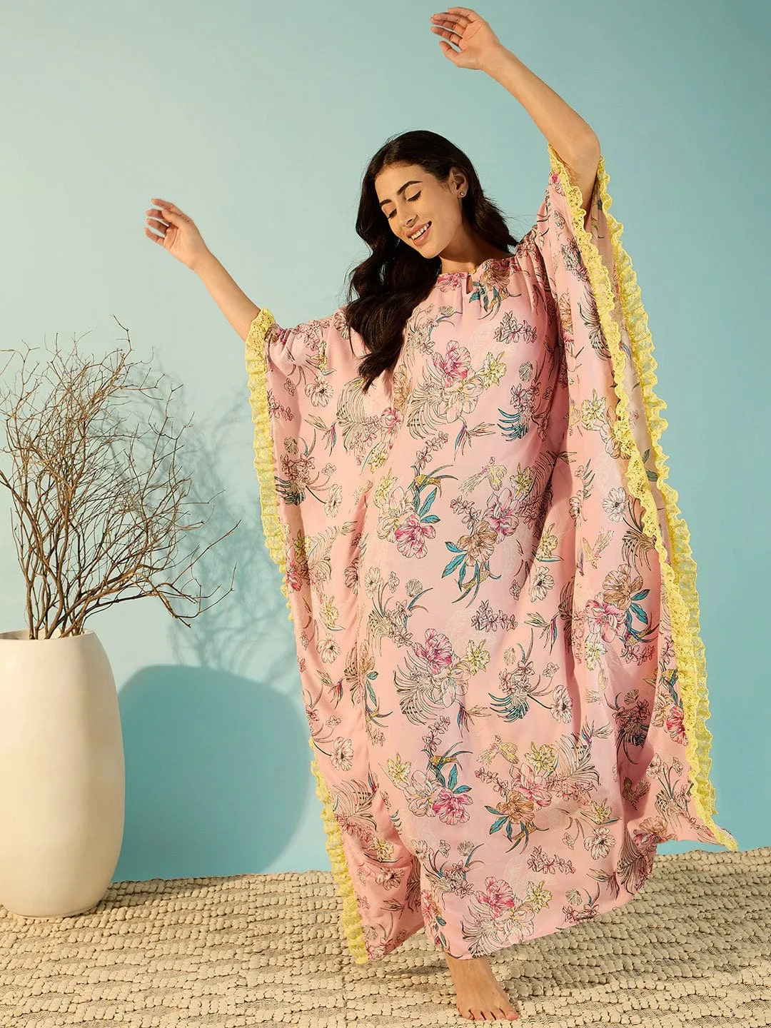 Pastel Pink Floral Loungewear Kaftan Nighty For Women