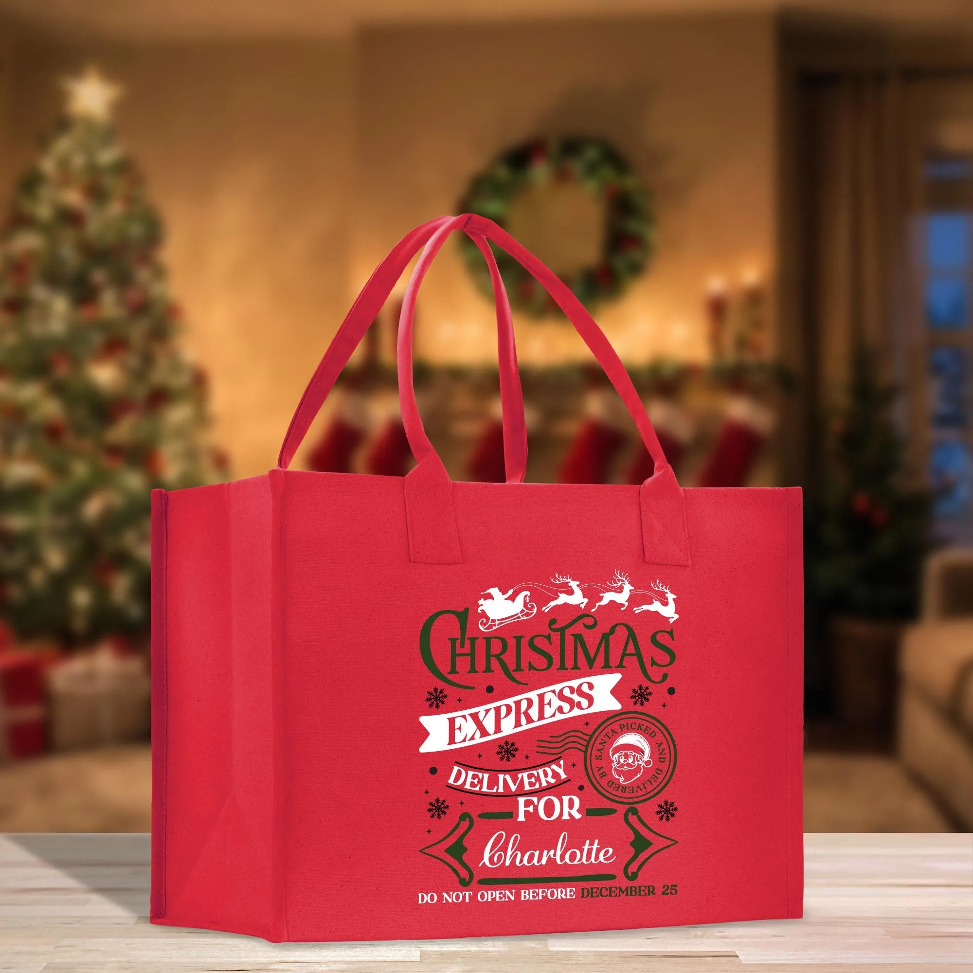 Personalized Name Christmas Cotton Canvas Large Tote Bag Custom Merry Christmas Gift Bag Xmas Party Bag Xmas Eve Gift Holiday Gift (CT1053)