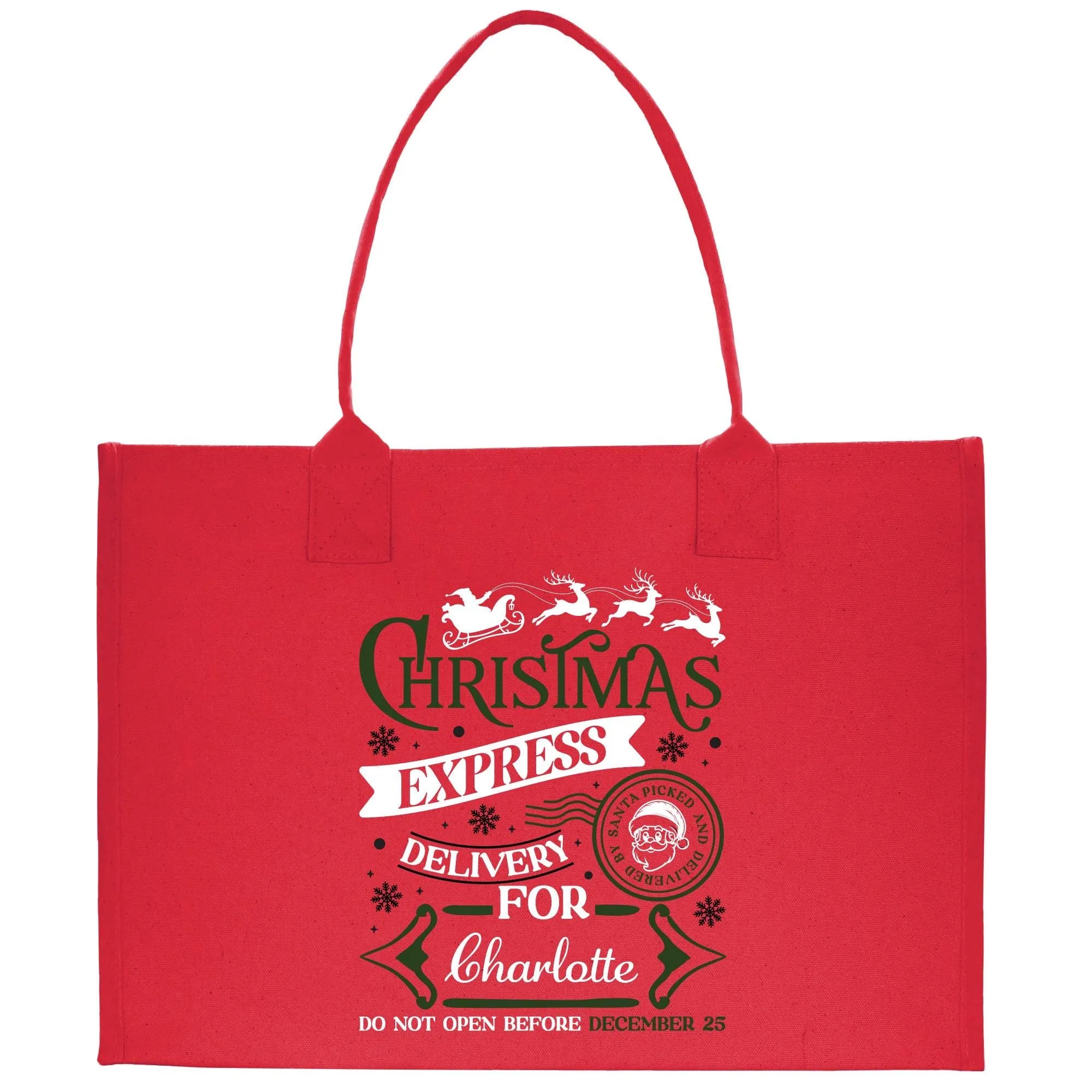 Personalized Name Christmas Cotton Canvas Large Tote Bag Custom Merry Christmas Gift Bag Xmas Party Bag Xmas Eve Gift Holiday Gift (CT1053)