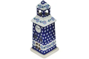 Polish Pottery 8" Chapel Candle Holder Peacock Forget-Me-Not