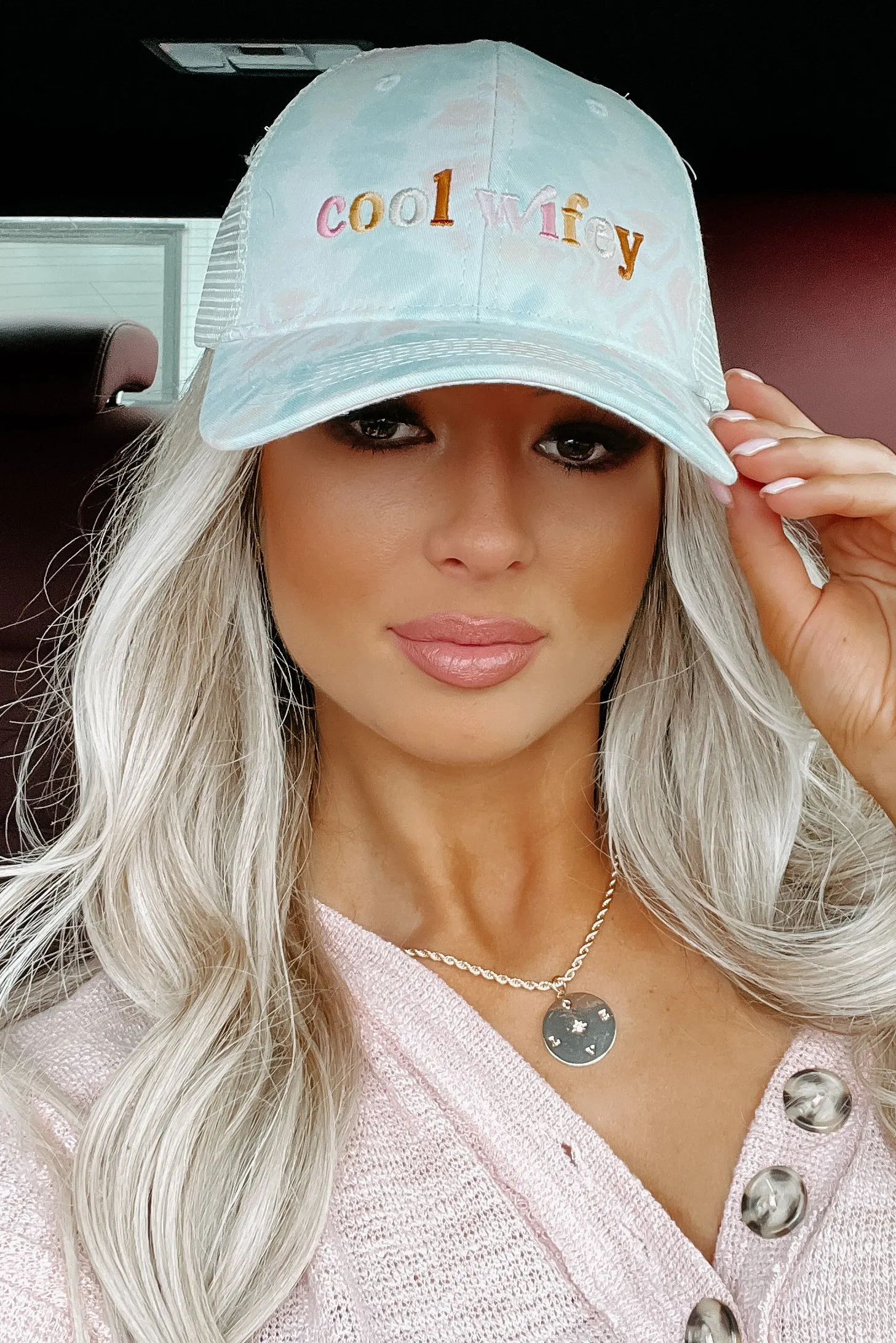 "Cool Wifey" Embroidered Tie-Dye Trucker Cap (Tie Dye Pastel)