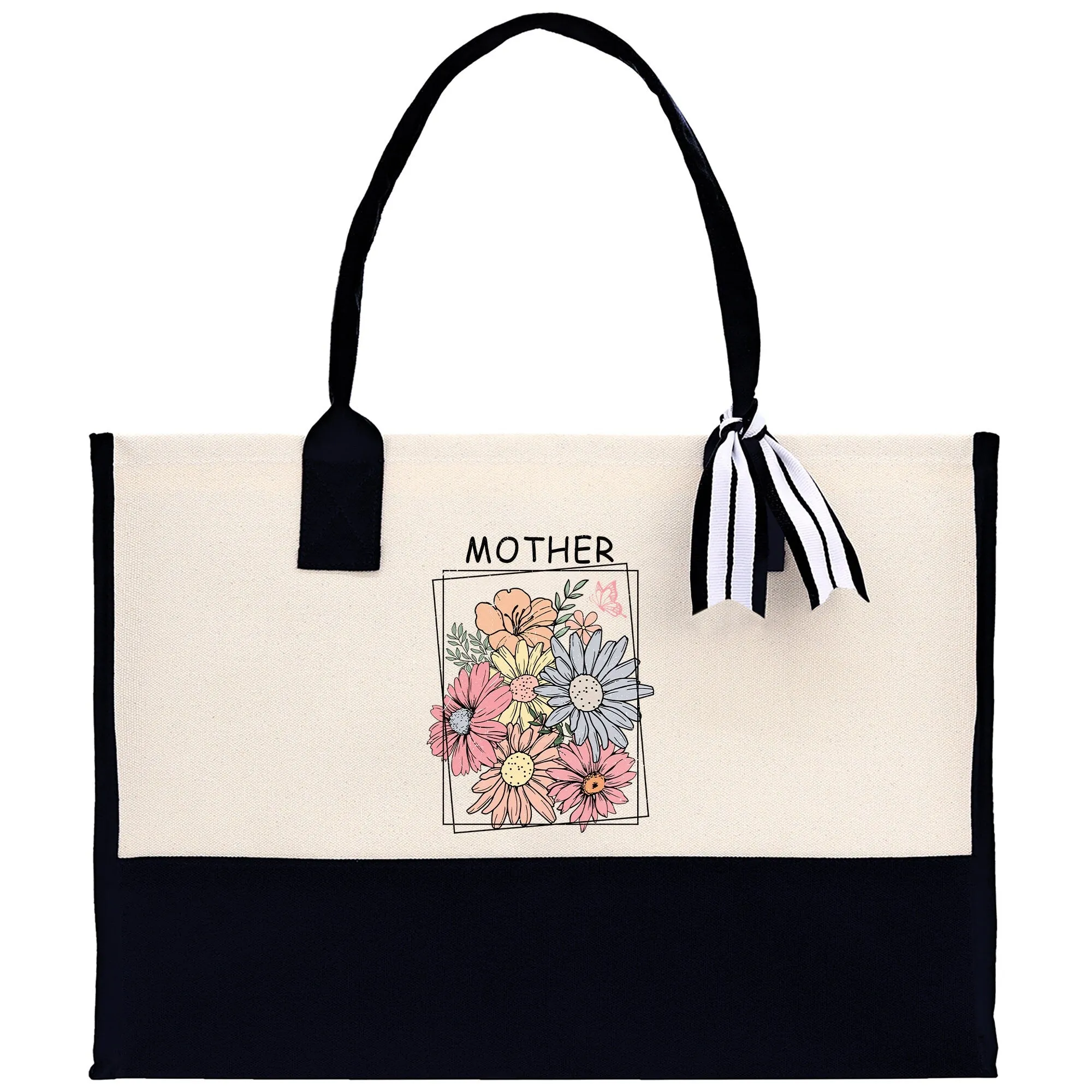 Retro Colorful Floral Mother Cotton Canvas Tote Bag Mom Gift Mom Bag Mom Shopping Bag New Mom Gift Best Mom Ever Bag Boy Girl Mama Tote