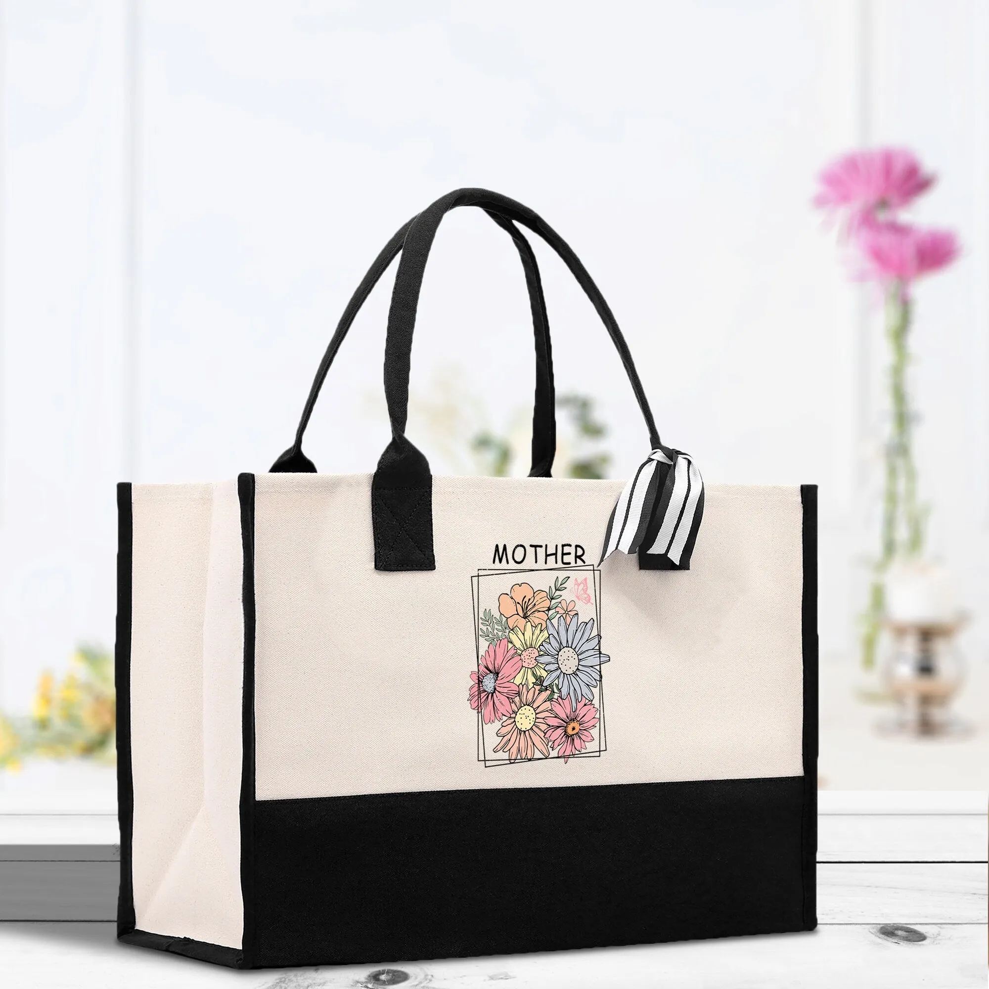 Retro Colorful Floral Mother Cotton Canvas Tote Bag Mom Gift Mom Bag Mom Shopping Bag New Mom Gift Best Mom Ever Bag Boy Girl Mama Tote