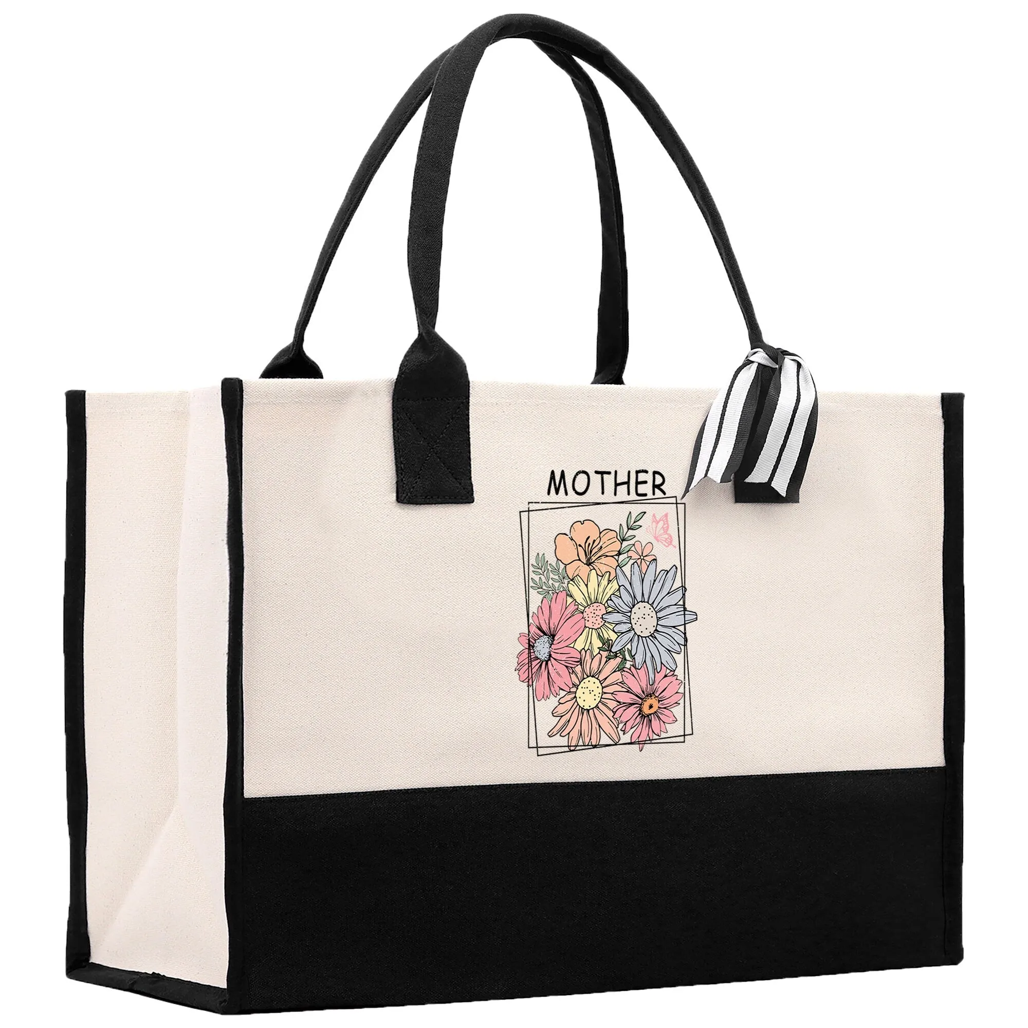 Retro Colorful Floral Mother Cotton Canvas Tote Bag Mom Gift Mom Bag Mom Shopping Bag New Mom Gift Best Mom Ever Bag Boy Girl Mama Tote