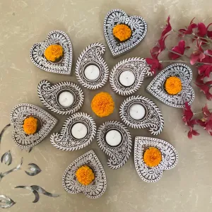 Small Keri & Heart Wooden Diya (Set of 12) - Tea light Holder - Diwali Decor & Gifts