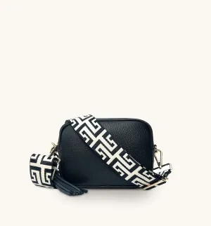 The Tassel Black Leather Crossbody Bag With Black & Stone Maze Strap