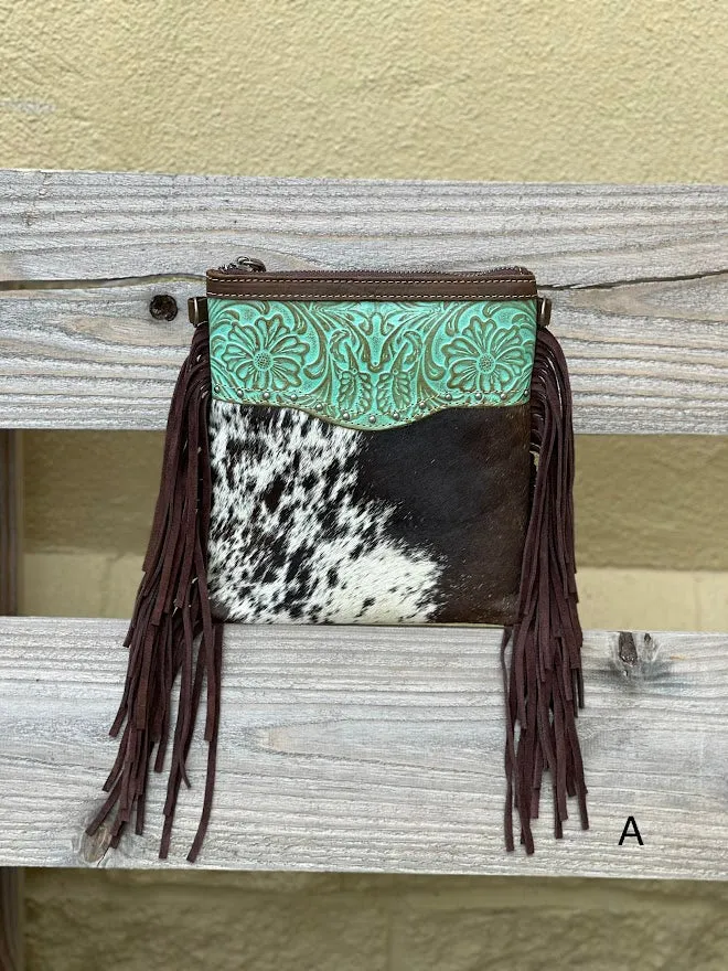 Top Notch Accessories Betty Cowhide Crossbody Fringe Purse In Turquoise