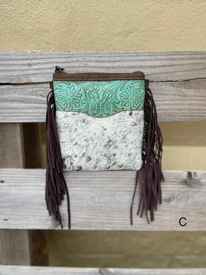 Top Notch Accessories Betty Cowhide Crossbody Fringe Purse In Turquoise