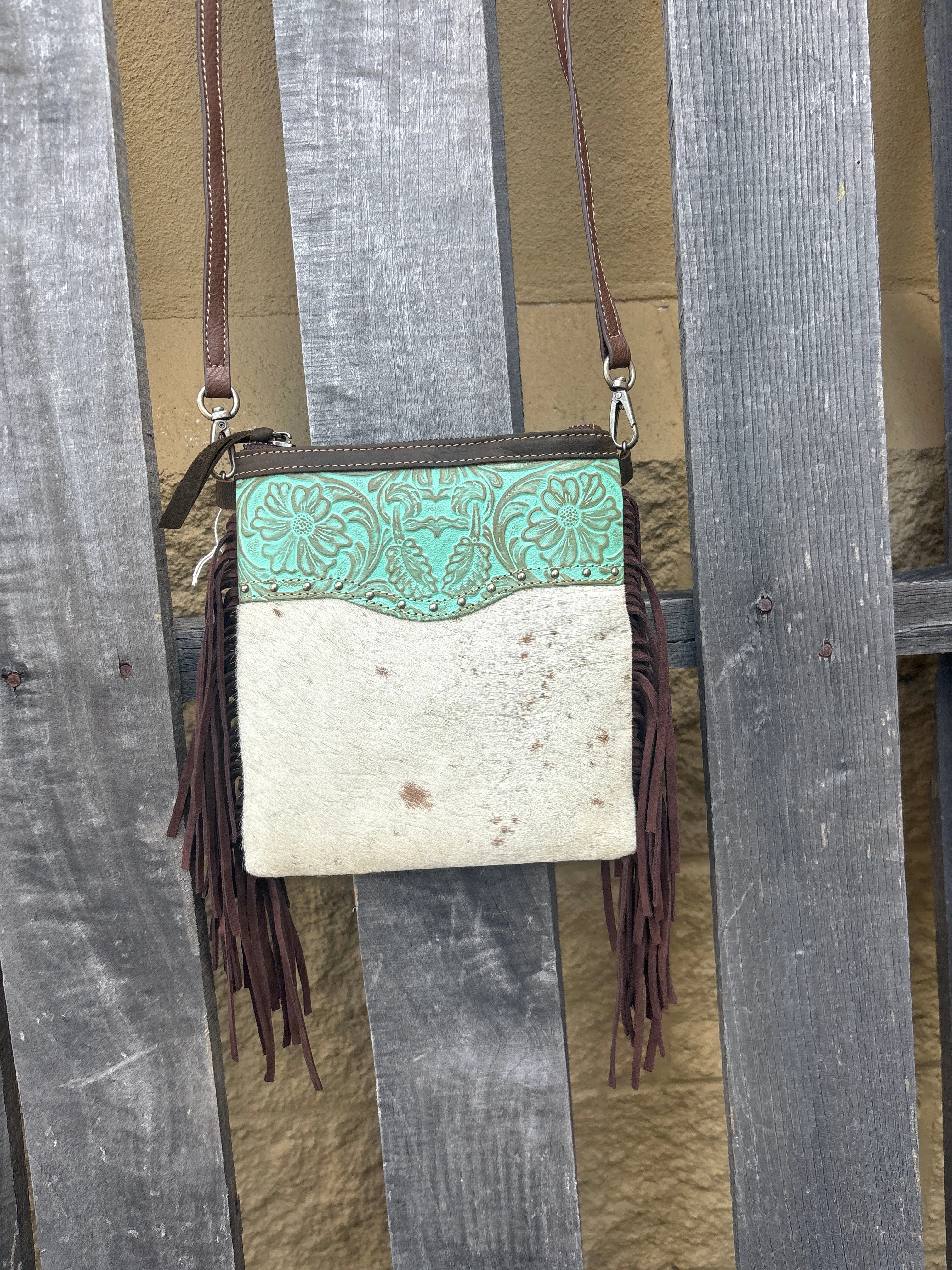 Top Notch Accessories Betty Cowhide Crossbody Fringe Purse In Turquoise