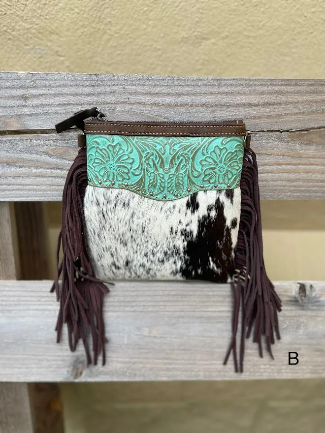 Top Notch Accessories Betty Cowhide Crossbody Fringe Purse In Turquoise