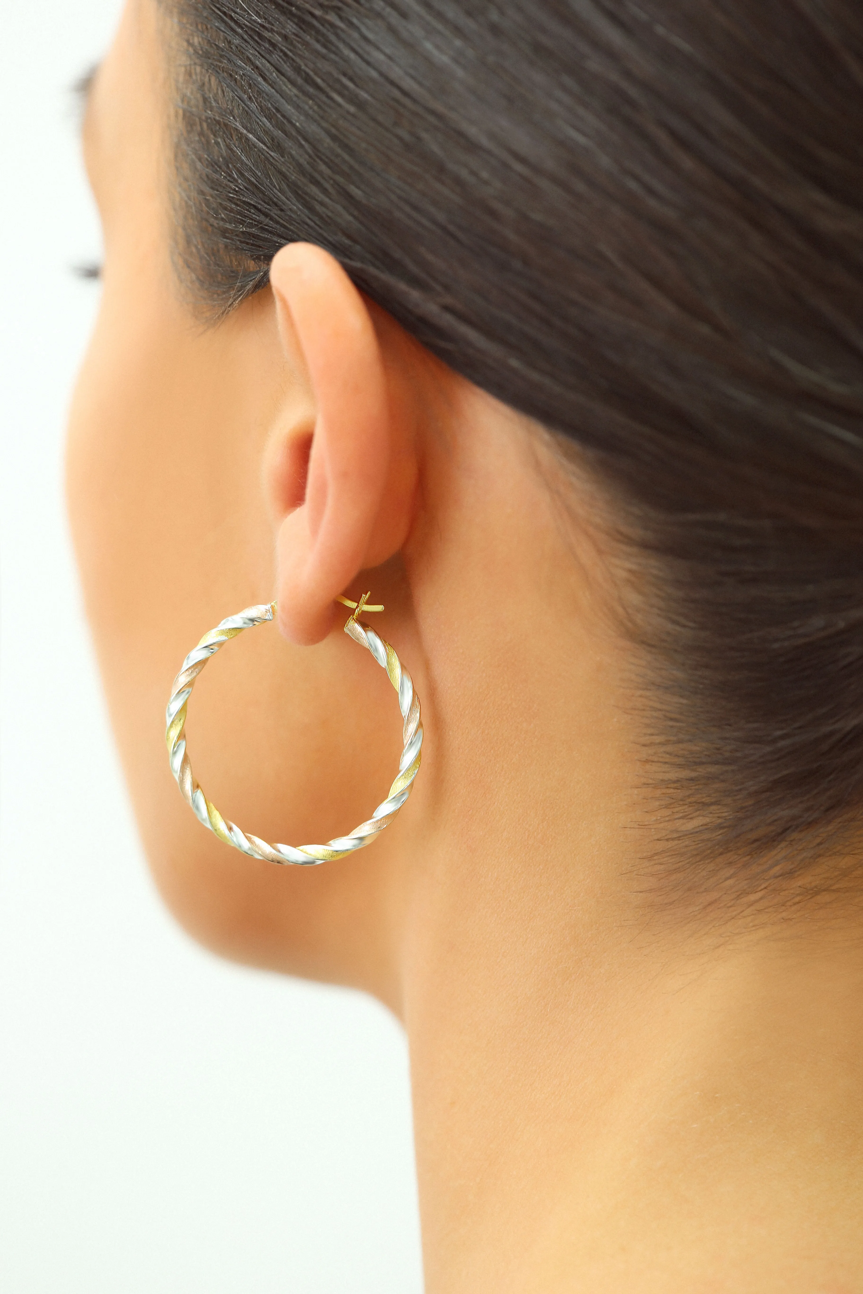 Twisted Tricolor Hoop Earrings, 1.4 inch in Sterling Silver