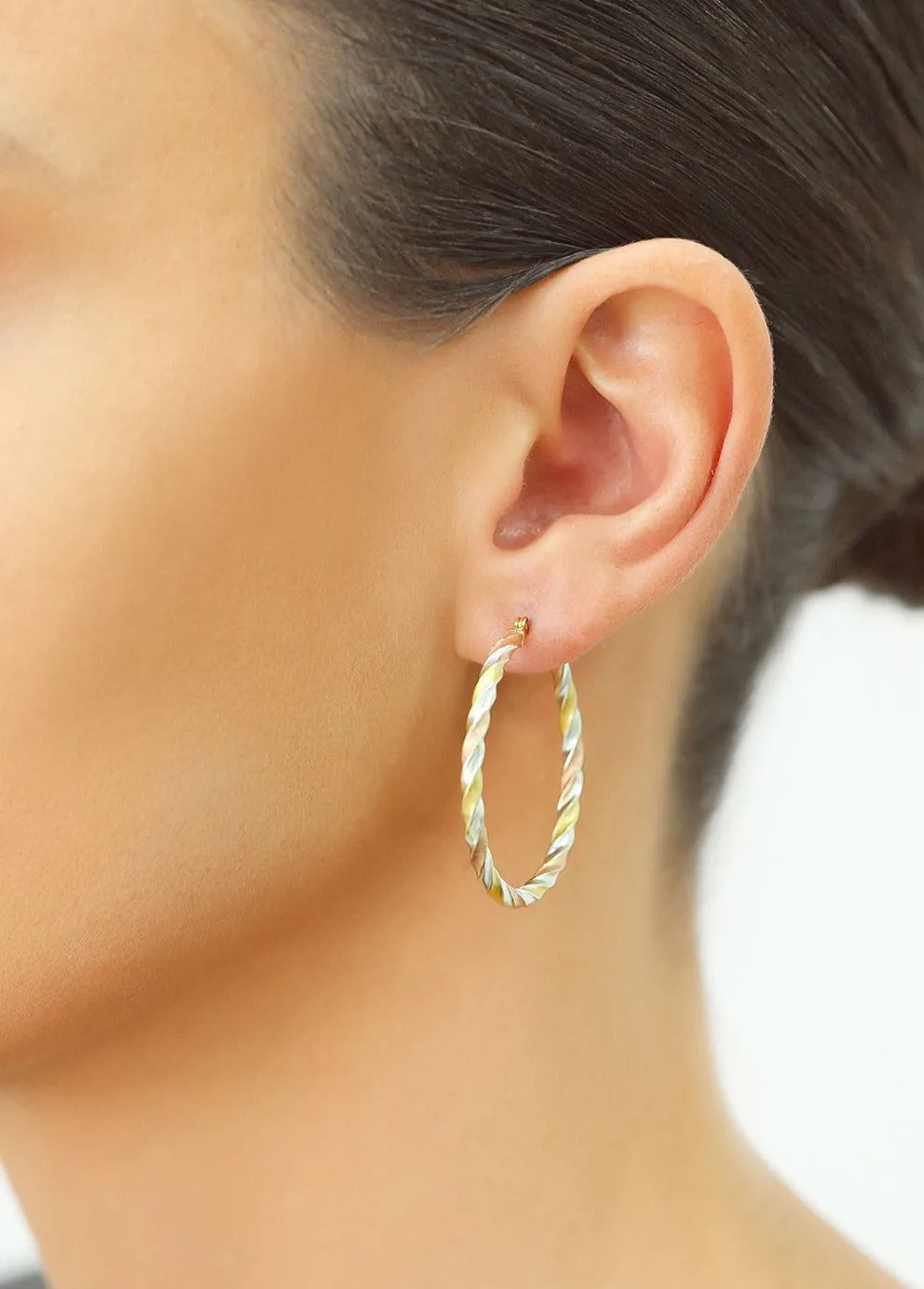 Twisted Tricolor Hoop Earrings, 1.4 inch in Sterling Silver