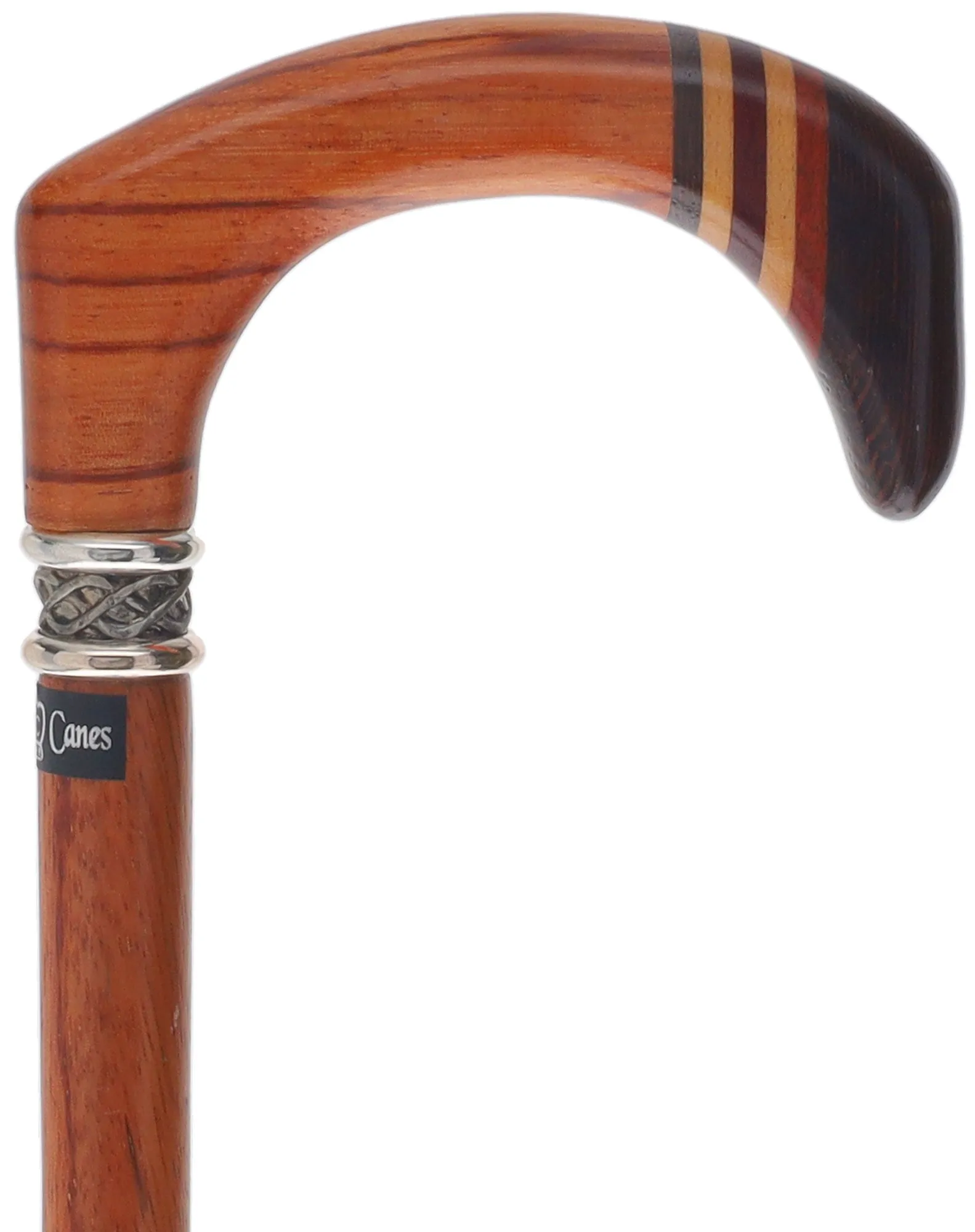 Unique single item listing: Rosewood walking cane with inlaid wood pewter collar.