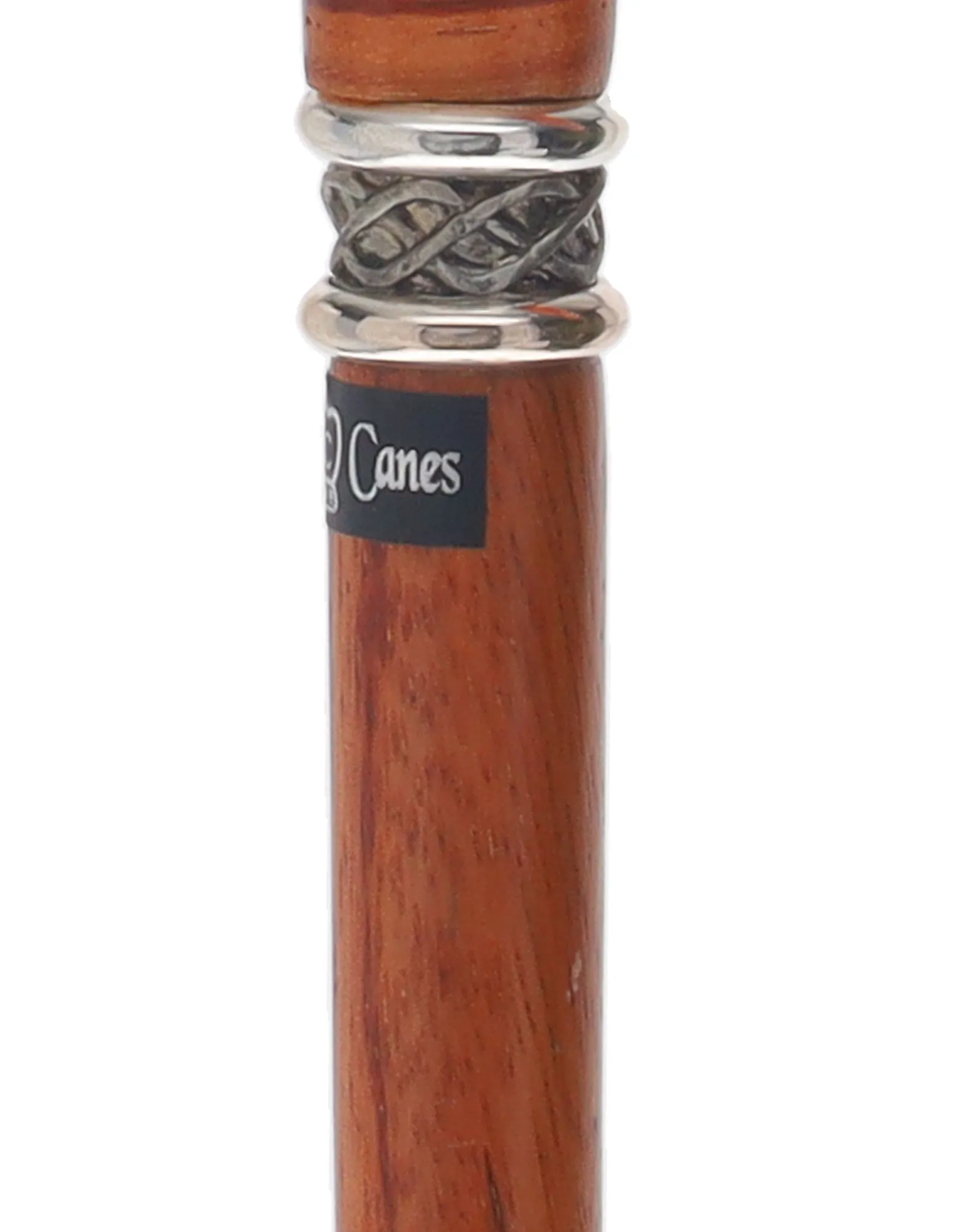 Unique single item listing: Rosewood walking cane with inlaid wood pewter collar.