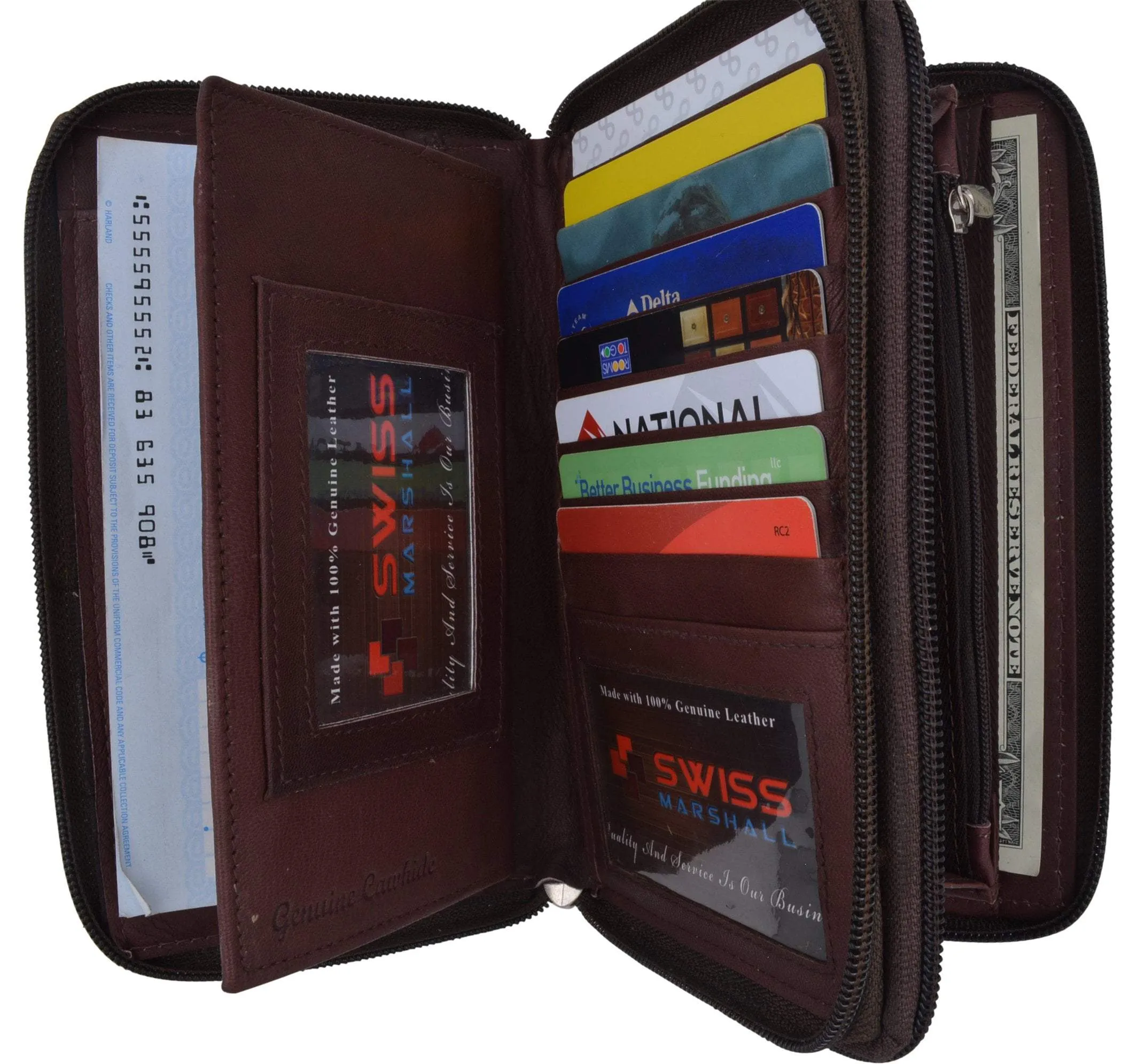 Womens Zip Around Genuine Leather Checkbook Credit Card ID Holder Wallet Brown