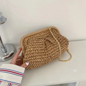 Woven Rattan Straw Handbag with Gold-Tone Chain Strap – Effortless Boho Glam